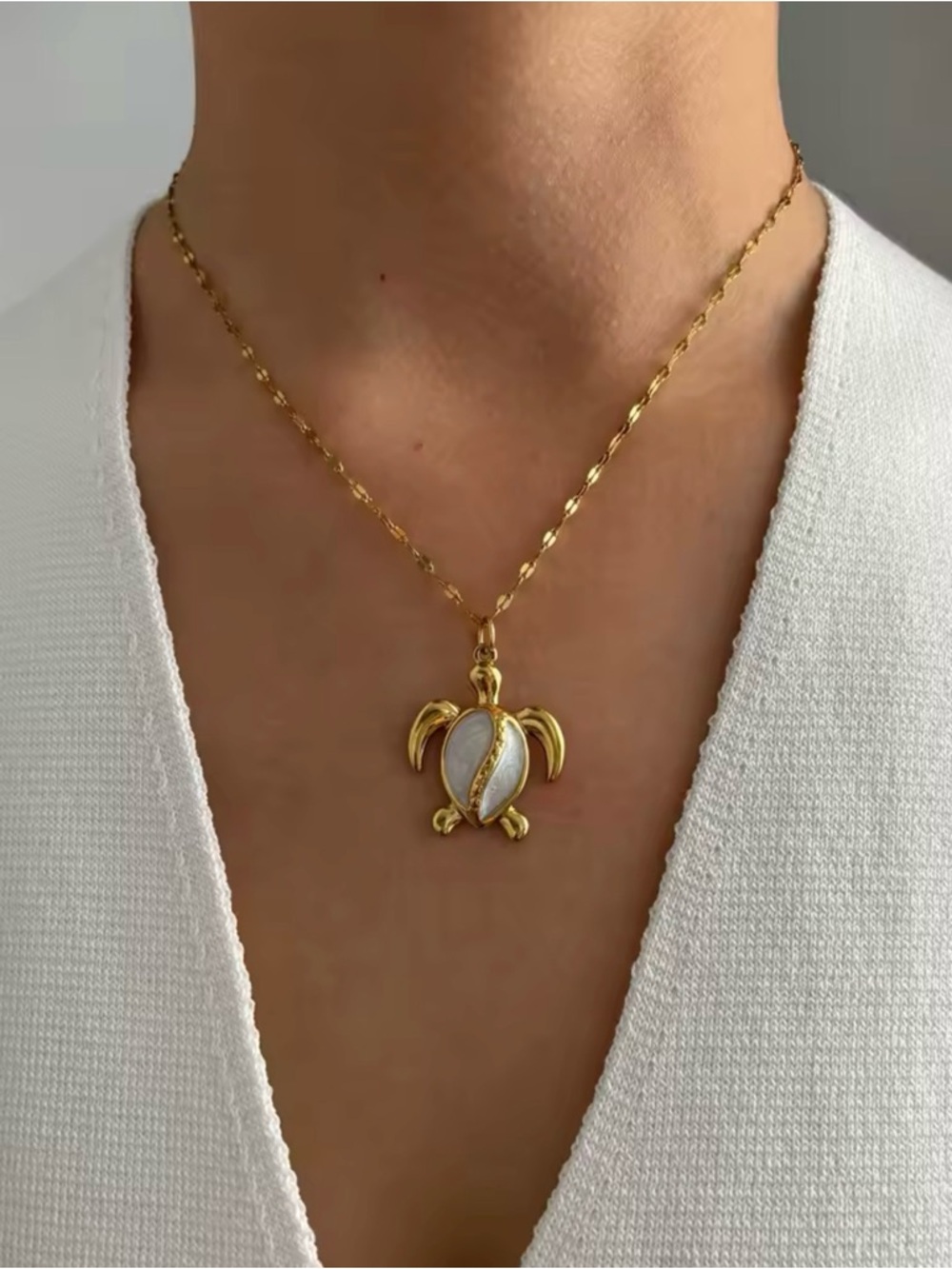 18 K Gold Plated Enamel Turtle Pendant Necklace with White Inlay